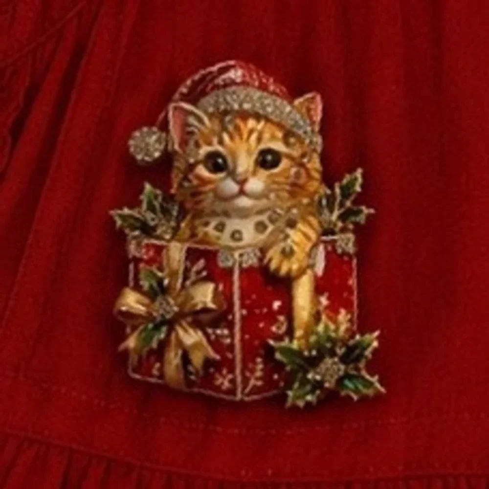 Christmas Kitten Brooch Red Gift Box Rhinestone Enameled Holiday Cat Pin